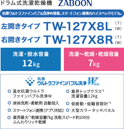 TW-127X8L/R｜洗濯機・洗濯乾燥機｜ZABOON-東芝ライフスタイル