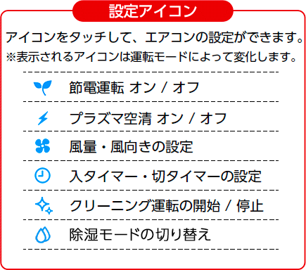 設定アイコン　アイコンをタッチして、エアコンの設定ができます。※表示されるアイコンは運転モードによって変化します。　無風感モード オン/オフ　プラズマ空清 オン/オフ　風量・風向きの設定　入タイマー・切タイマーの設定　クリーニング運転の開始/停止