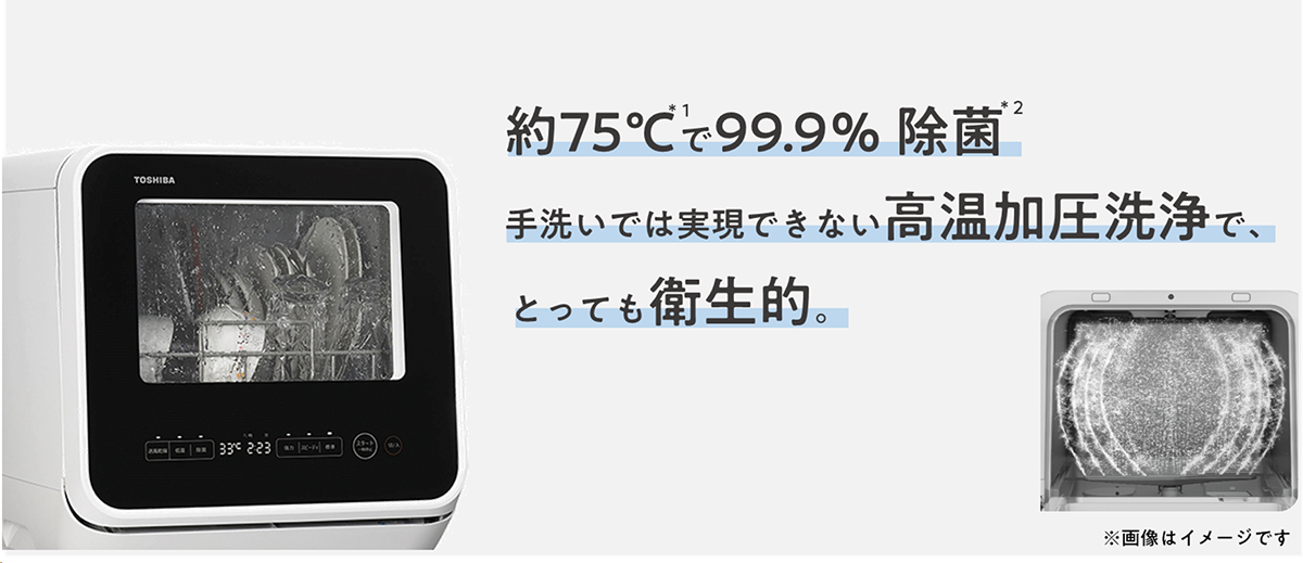 約75℃で99.9%除菌　手洗いでは実現できない高温加圧洗浄でとっても衛生的。