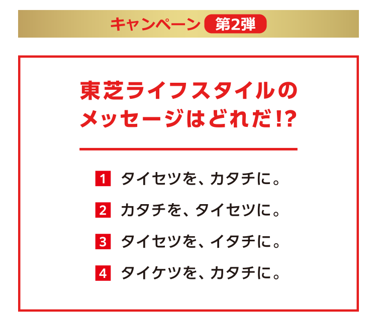 キャンペーン第2弾の問題は「東芝ライフスタイルのメッセージはどれだ⁉」 回答1はタイセツを、カタチに。 回答2はカタチを、タイセツに。 回答3はタイセツを、イタチに。 回答4はタイケツを、カタチに。